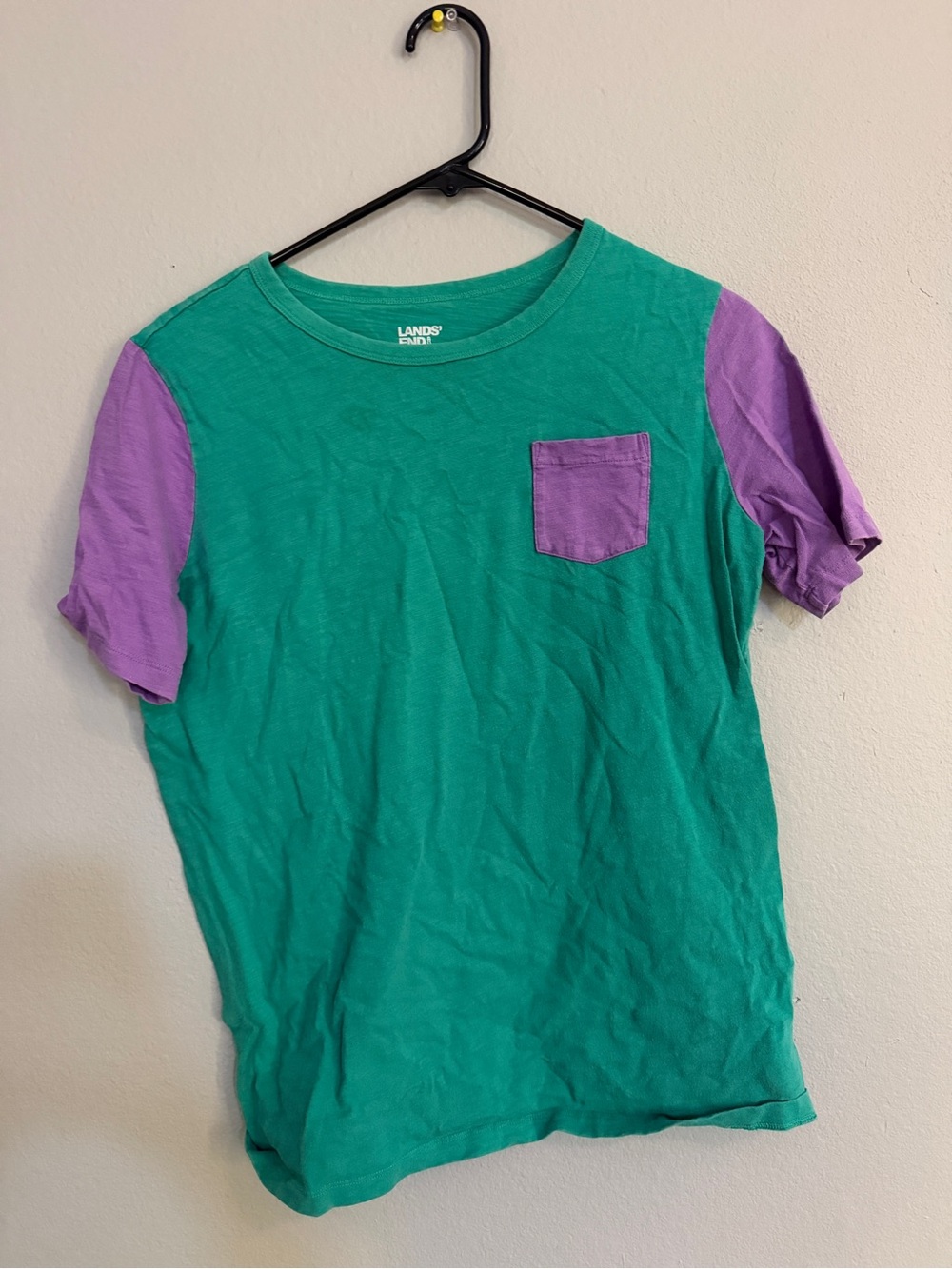Lands' End Green Tee with Purple Sleeves & Pocket